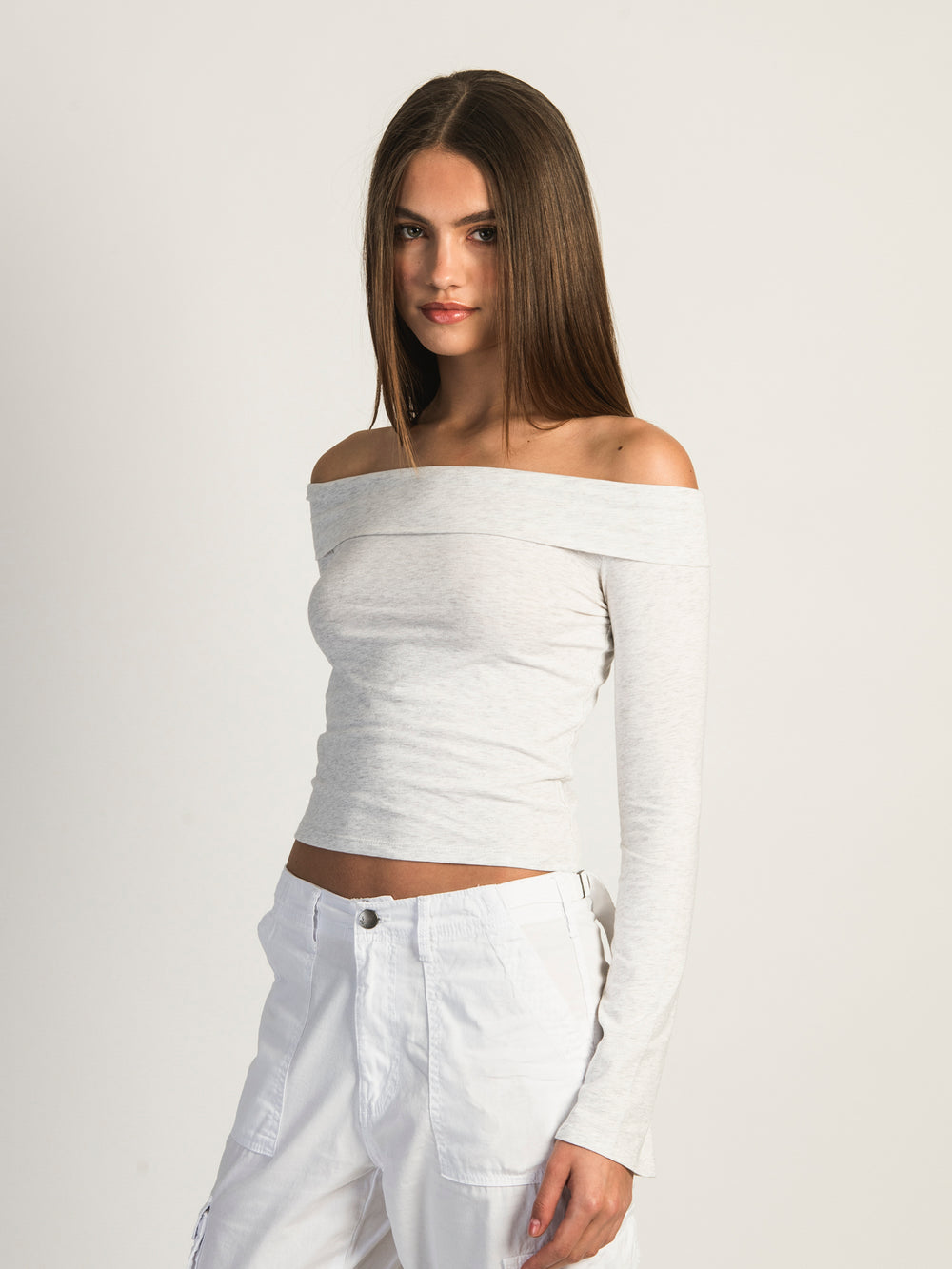 HARLOW KAITLYN OFF-THE-SHOULDER LONG SLEEVE MELANGE - HEATHER CLOUD WHITE