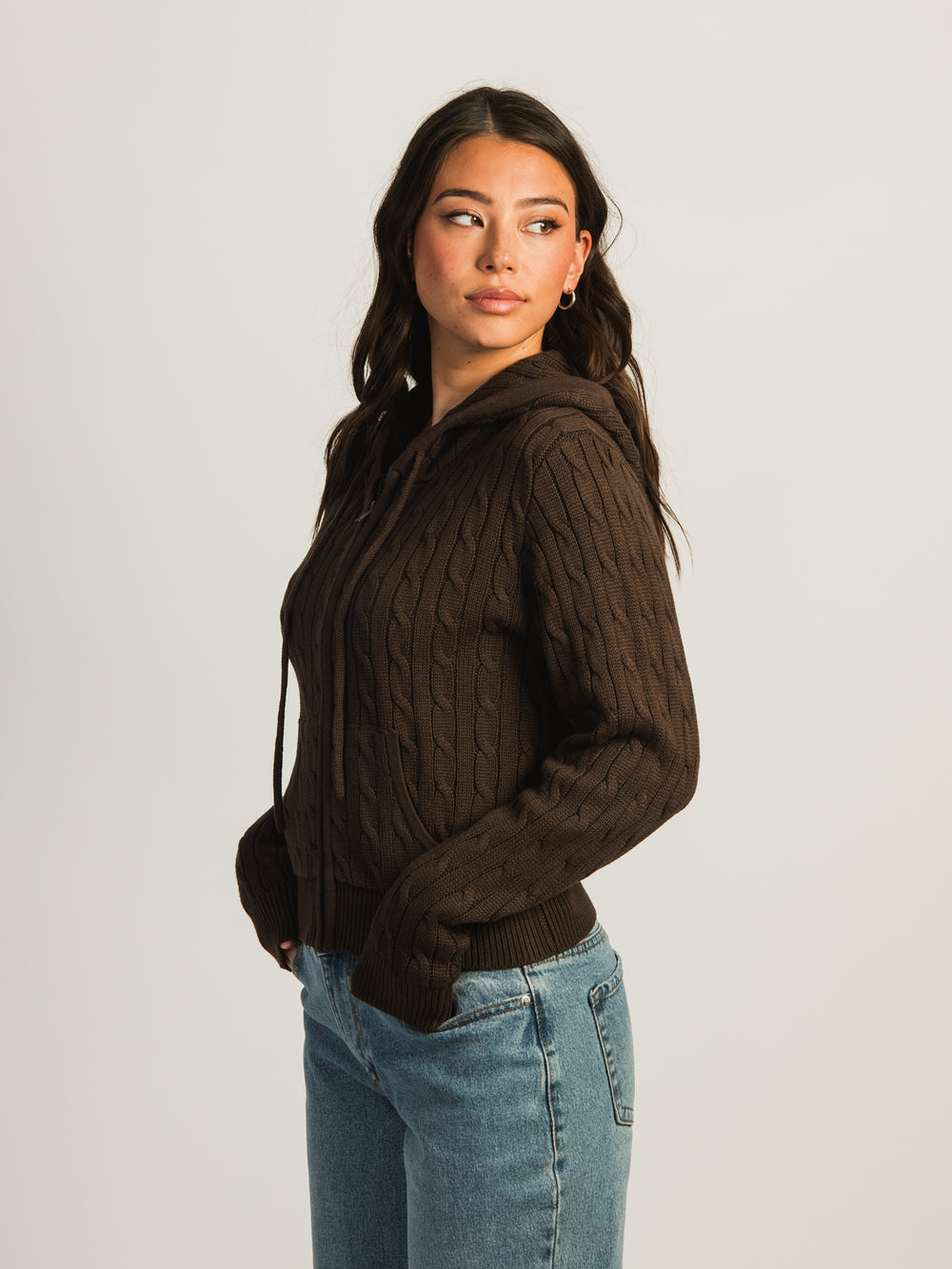 HARLOW MAUDE CABLE KNIT ZIP UP - CHOCOLATE