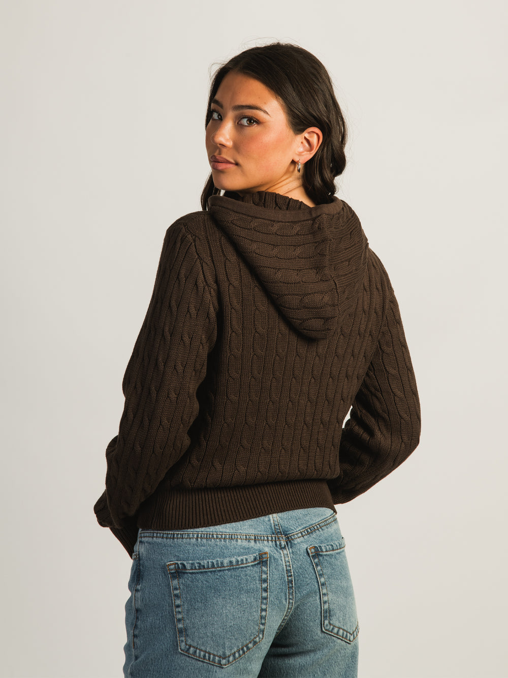 HARLOW MAUDE CABLE KNIT ZIP UP - CHOCOLATE