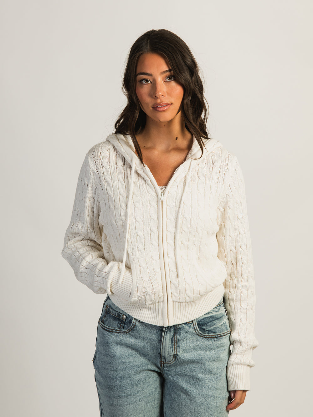 HARLOW MAUDE CABLE KNIT ZIP UP - OFF WHITE