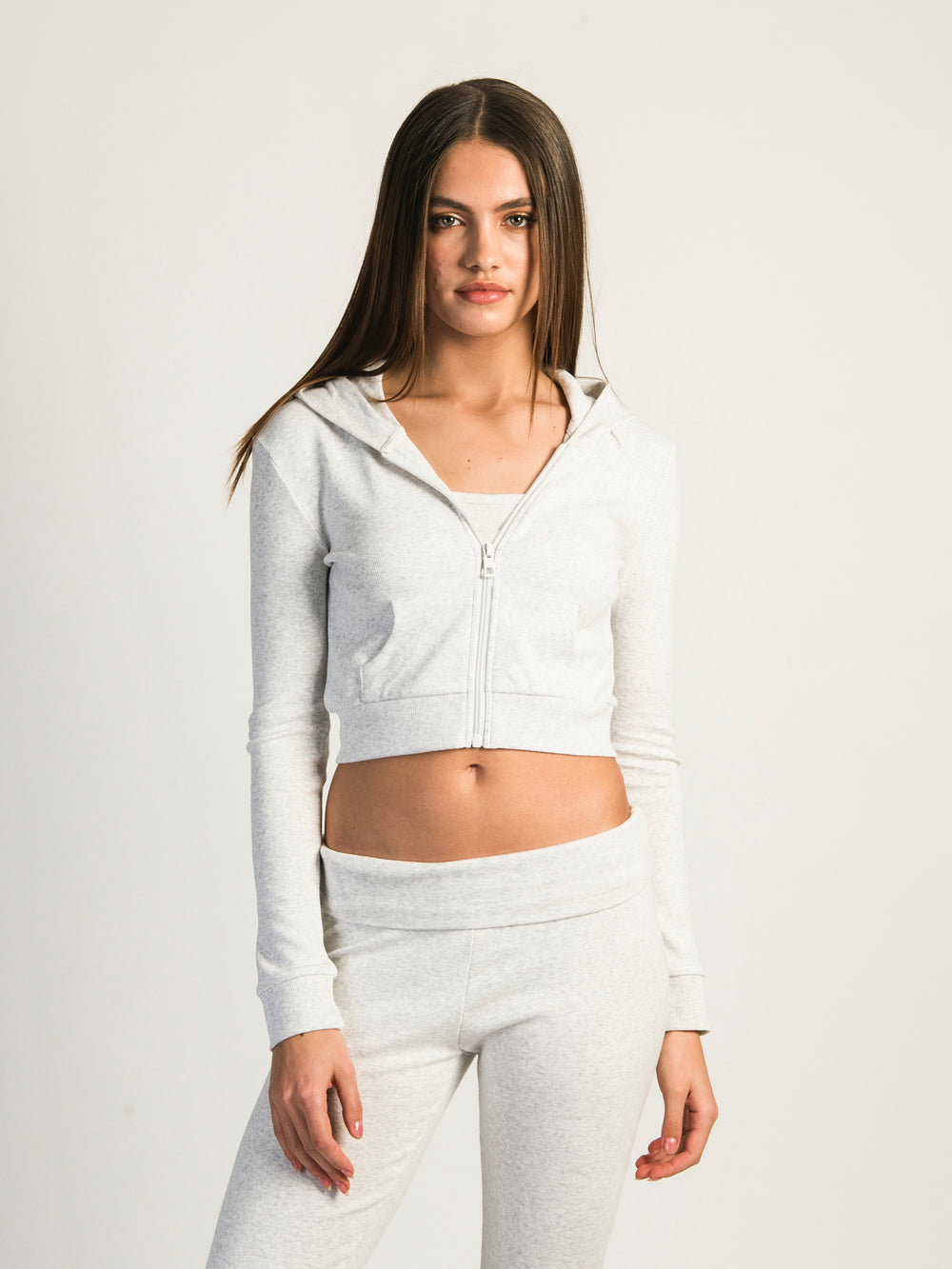 HARLOW ELLIE RIBBED MELANGE ZIP UP - HEATHER CLOUD WHITE