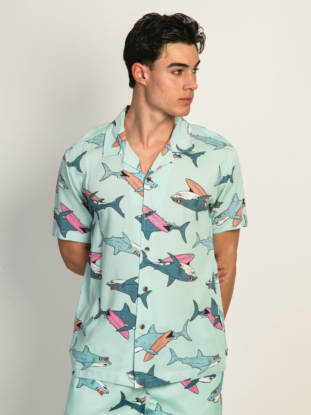 ISLAND HAZE SURFING SHARK SHORT SLEEVE WOVEN SHIRT - AQUA