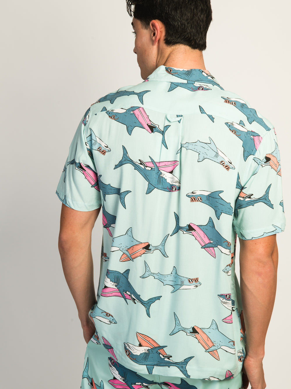ISLAND HAZE SURFING SHARK SHORT SLEEVE WOVEN SHIRT - AQUA