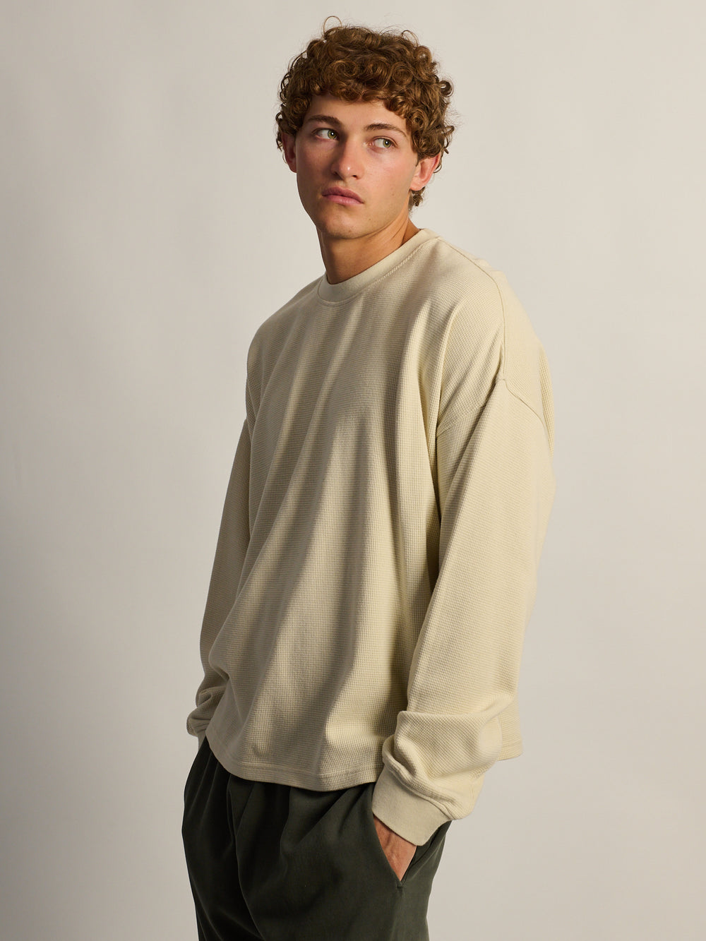 KOLBY HEAVYWEIGHT LONG SLEEVE WAFFLE TEE - OFF WHITE
