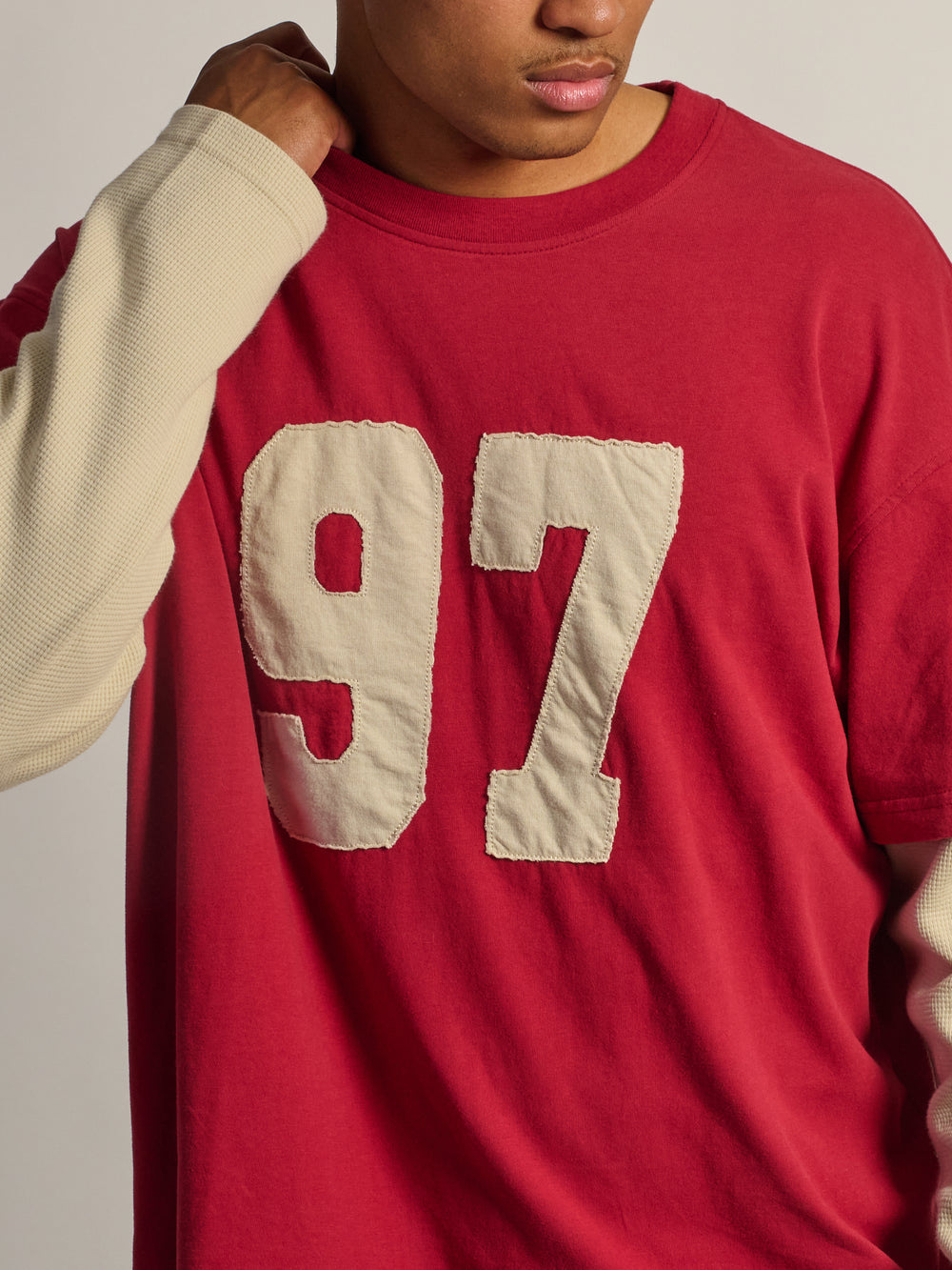 LONG SLEEVE WAFFLE FOOTBALL TEE - RED