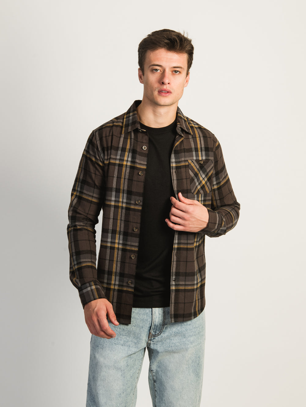 KOLBY CLASSIC PLAID BUTTON UP - BROWN