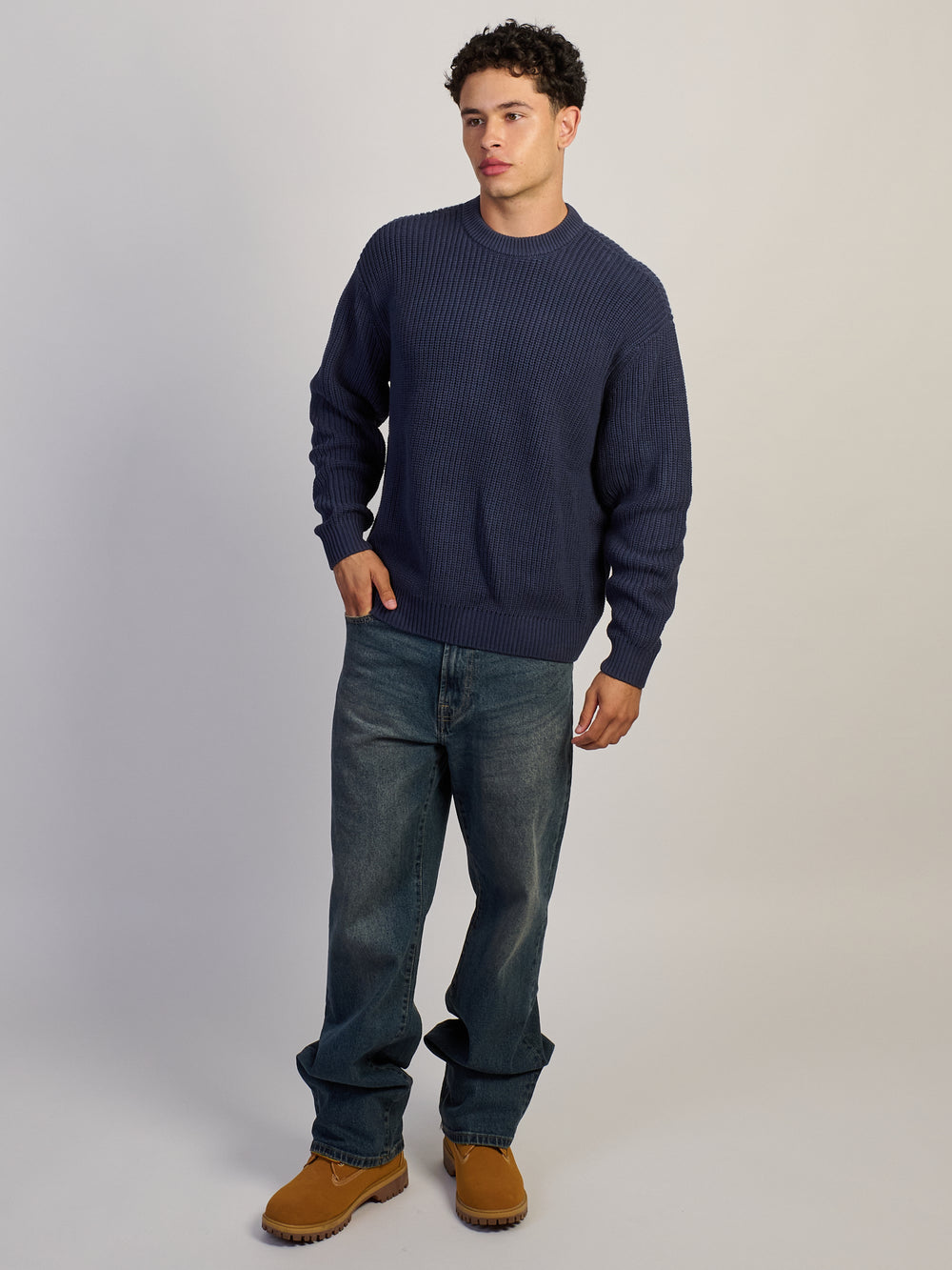 KOLBY WAFFLE CREW SWEATER - NAVY