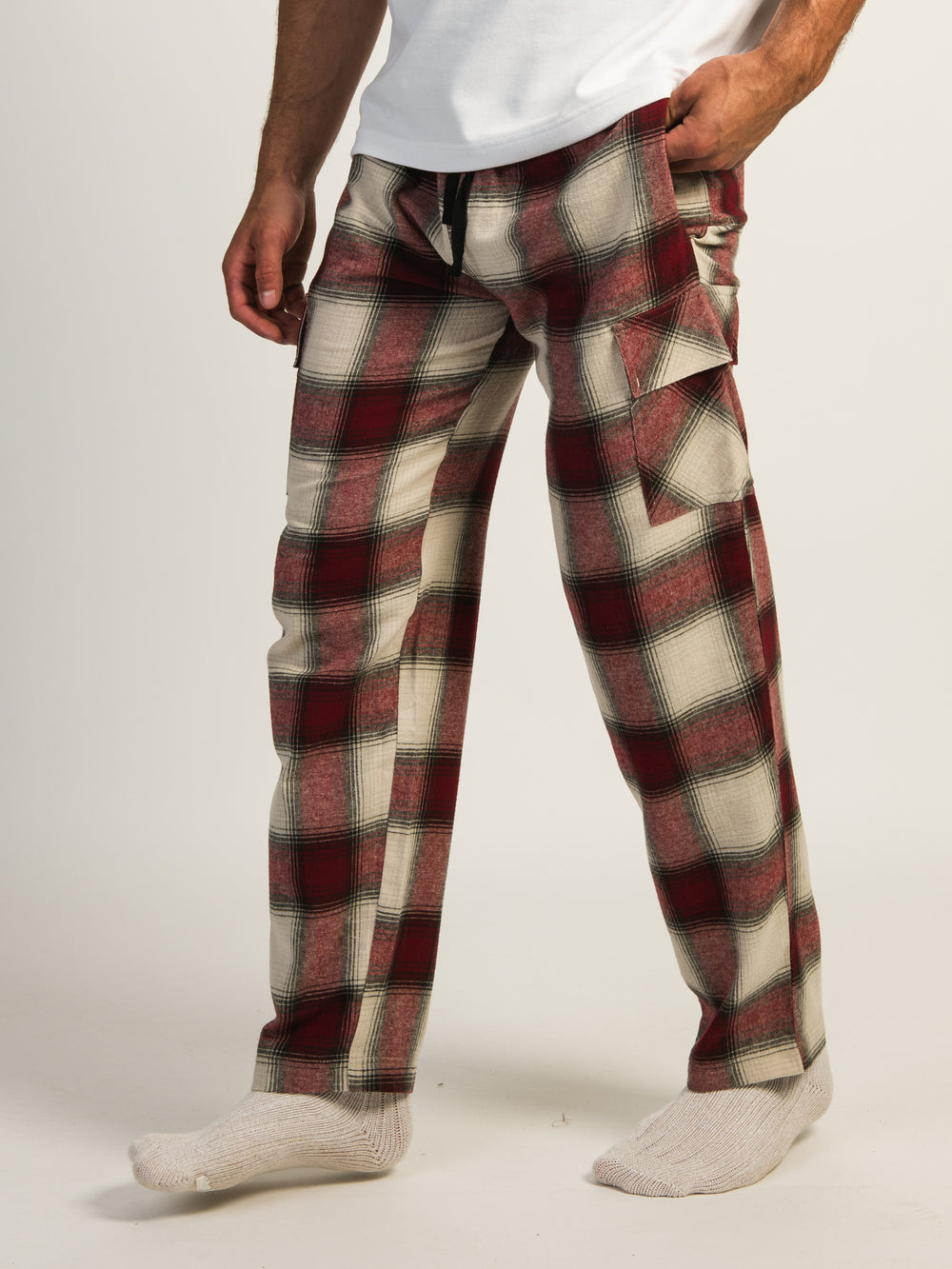 KOLBY THOMAS CARGO PLAID PANT - BURGUNDY